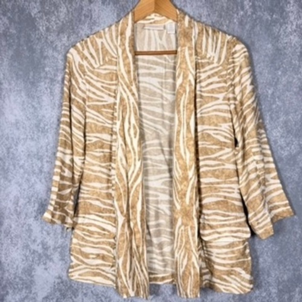 Chico's 0 Zebra Print Cardigan Women Small Tan White Open Front Pockets Shawl